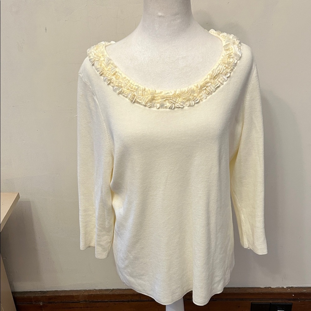 Talbots cream colored beaded 3/4 length sleeve sweater Size LP EUC